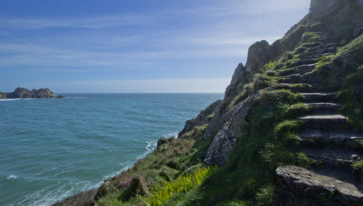 Steep steps along the coastal path from Porthcurno beach to the Minack Theatre