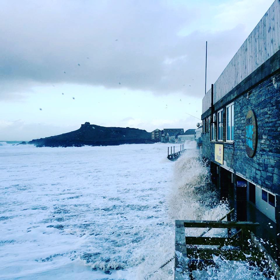 Porthmeor beach in St Ives Cornwall swamped by waves of storm Imogen - photo ©St Ives Surf School