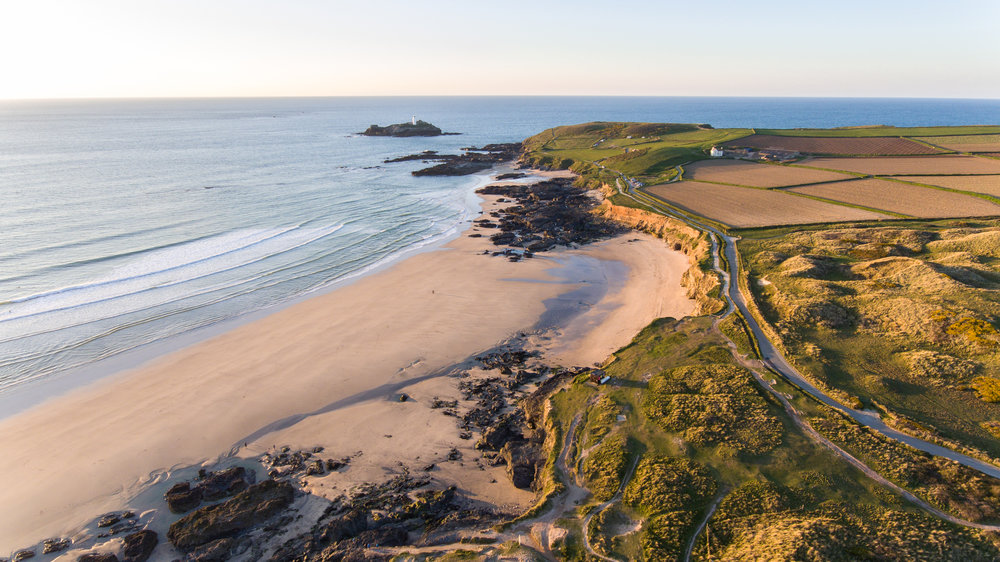 Aerial photo of Godrevy beach during sunset in West Cornwall