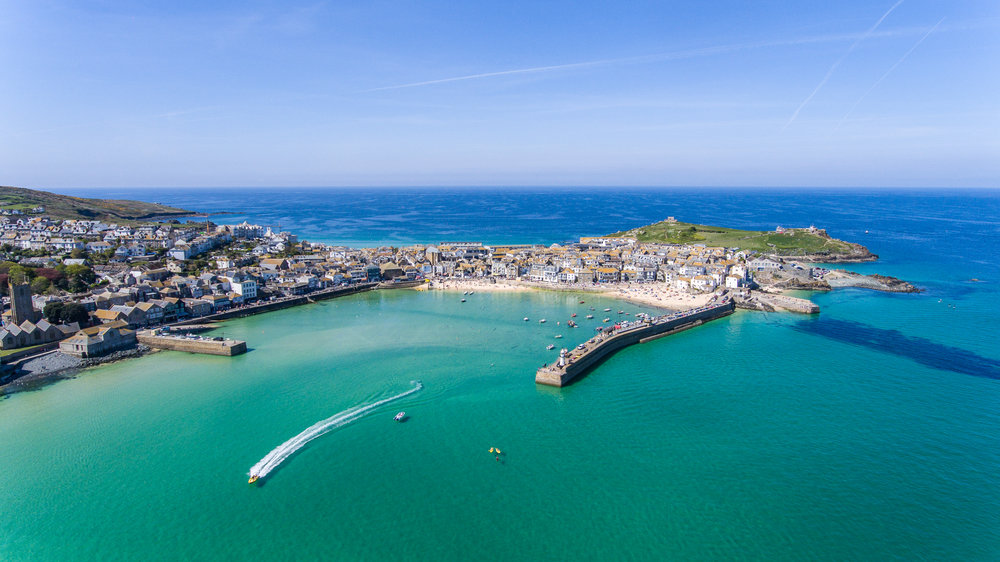 Aerial photo of the coastal town of St ives in West Cornwall. © Dan Pattison