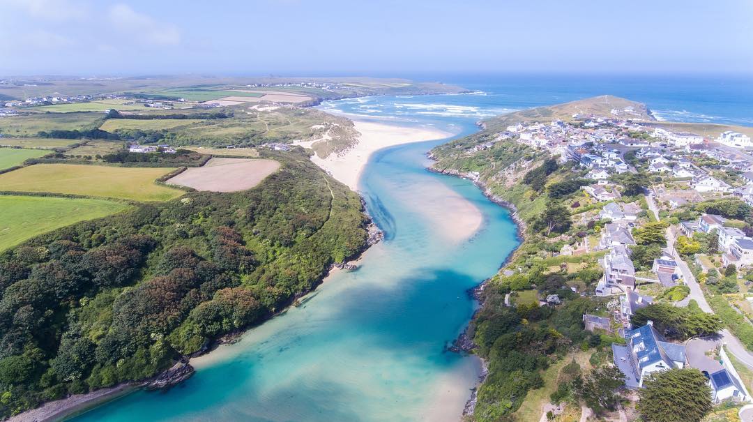 Aerial photo overlooking the river Gannel near newquay with crantock beach on the left