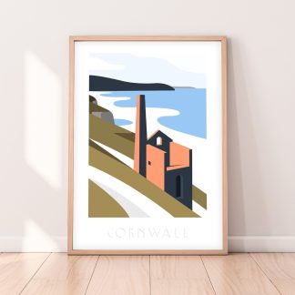 Cornwall Travel Poster of Wheal Coates Tin Mine overlooking Chapel Porth Beach, St Agnes