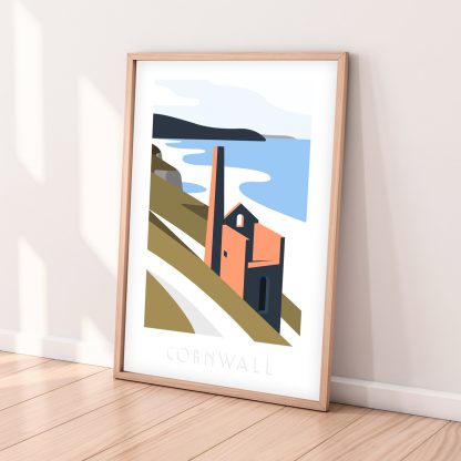 Cornwall Travel Poster of Wheal Coates Tin Mine overlooking Chapel Porth Beach, St Agnes