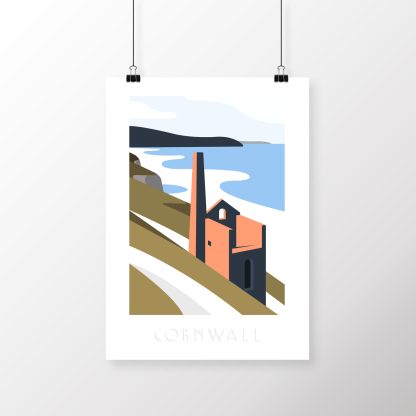 Cornwall Travel Poster of Wheal Coates Tin Mine overlooking Chapel Porth Beach, St Agnes